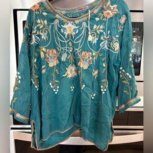 EUC JOHNNY WAS Embroidered Teal Floral Women's Top mid length sleeve
